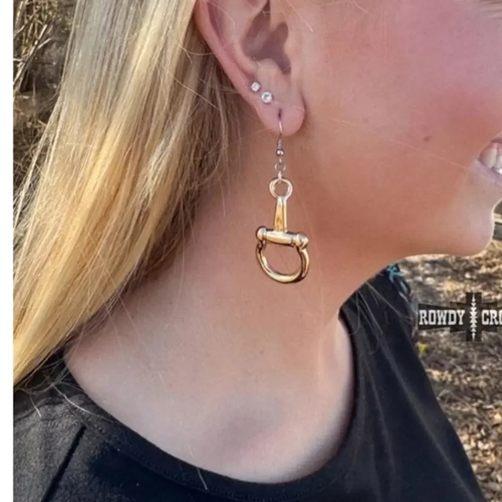 Western Dangle Fearless Horse Bit Earrings Gold